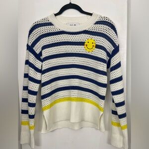 XOXO Kerri Rosenthal Smiley Face Crochet Long Sleeve Crew Sweater Blue Stripe XS